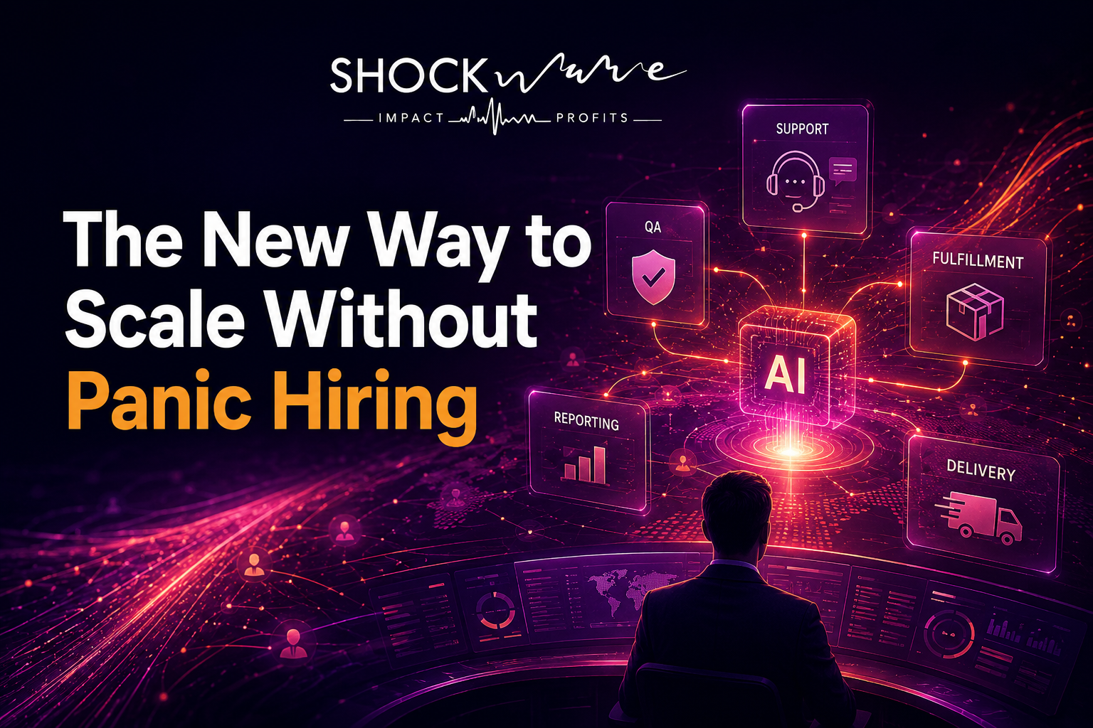 The New Way to Scale Without Panic Hiring blog banner showing AI agents supporting business operations