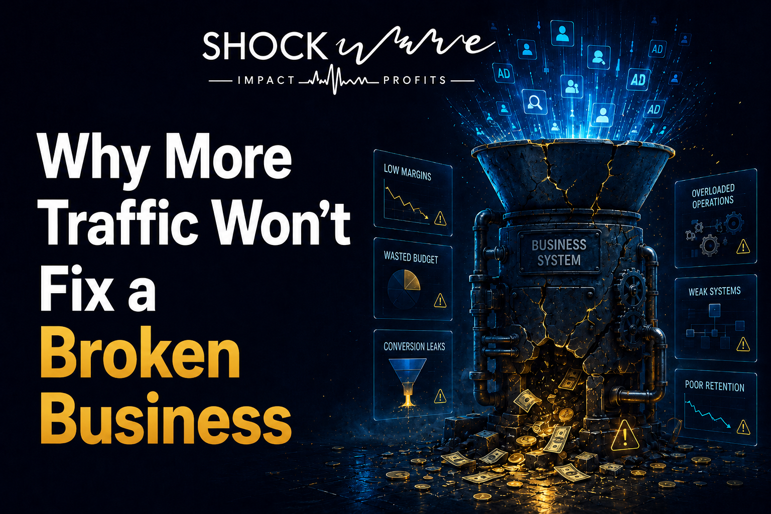 A dark, tech-themed blog banner for Shockwave Solutions with the text "Why More Traffic Won't Fix a Broken Business