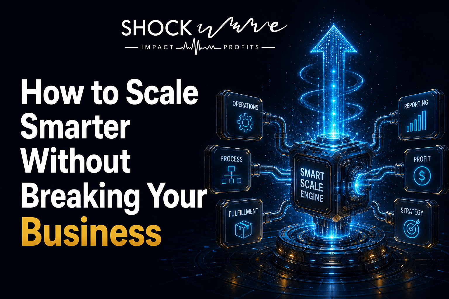 A dark tech-themed blog banner for Shockwave Solutions titled 'How to Scale Smarter Without Breaking Your Business.
