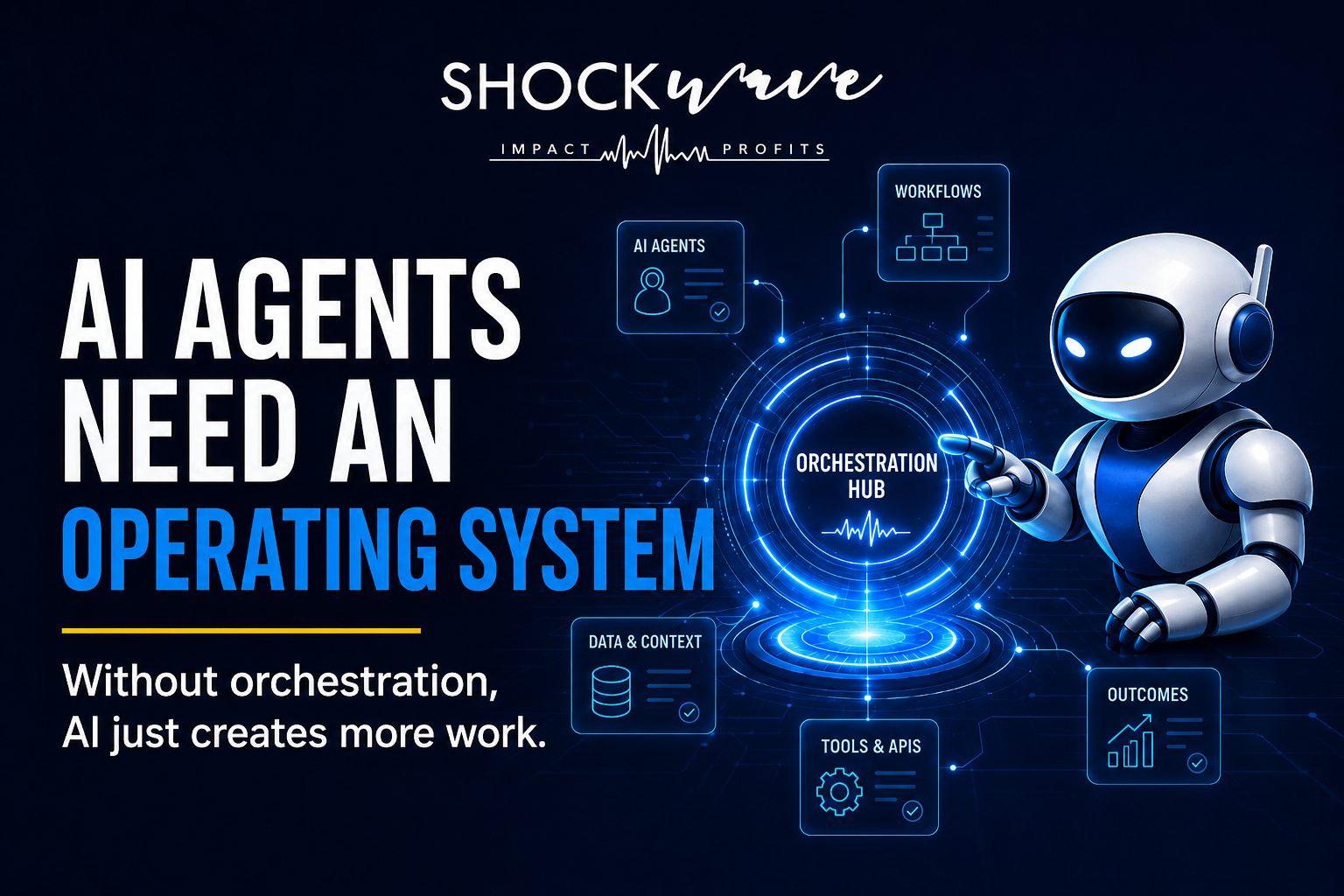 AI agents connected to an orchestration hub showing how workflows, data, tools, and outcomes work together inside an AI operating system.
