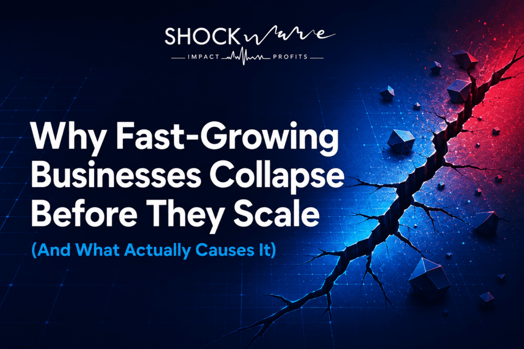 Infographic showing why fast-growing businesses collapse before scaling, featuring Shockwave Solutions branding.